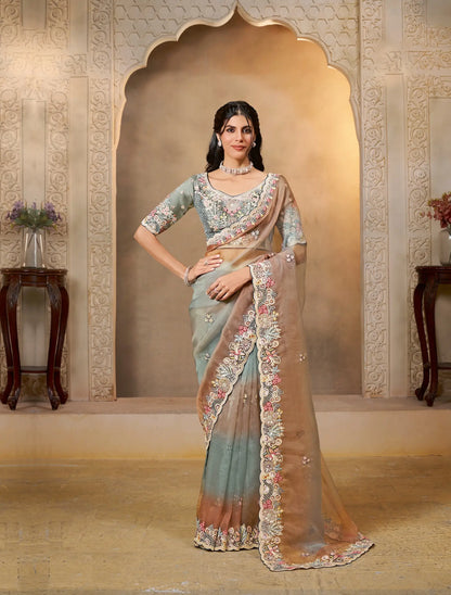 Peach-Grey Organza Satin Saree With Embroidery & Hand Work