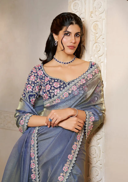 Davy Grey Organza Satin Saree With Embroidery & Hand Work