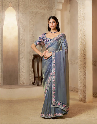 Davy Grey Organza Satin Saree With Embroidery & Hand Work