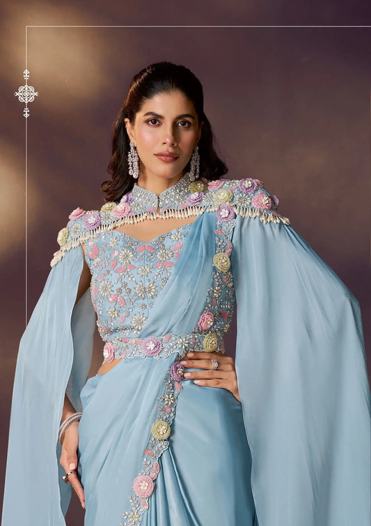 Cloudy Blue One Minute Saree With Embroidery & Hand Work