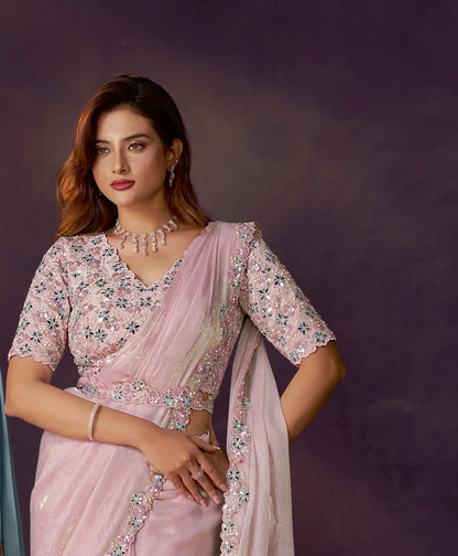 Blush Pink One Minute Saree With Embroidery & Hand Work