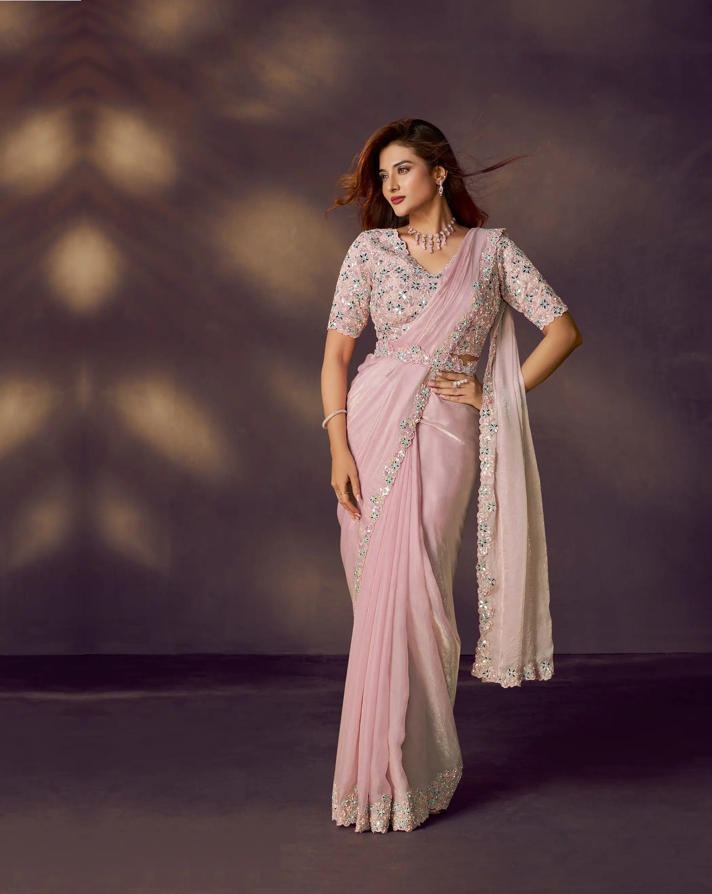 Blush Pink One Minute Saree With Embroidery & Hand Work