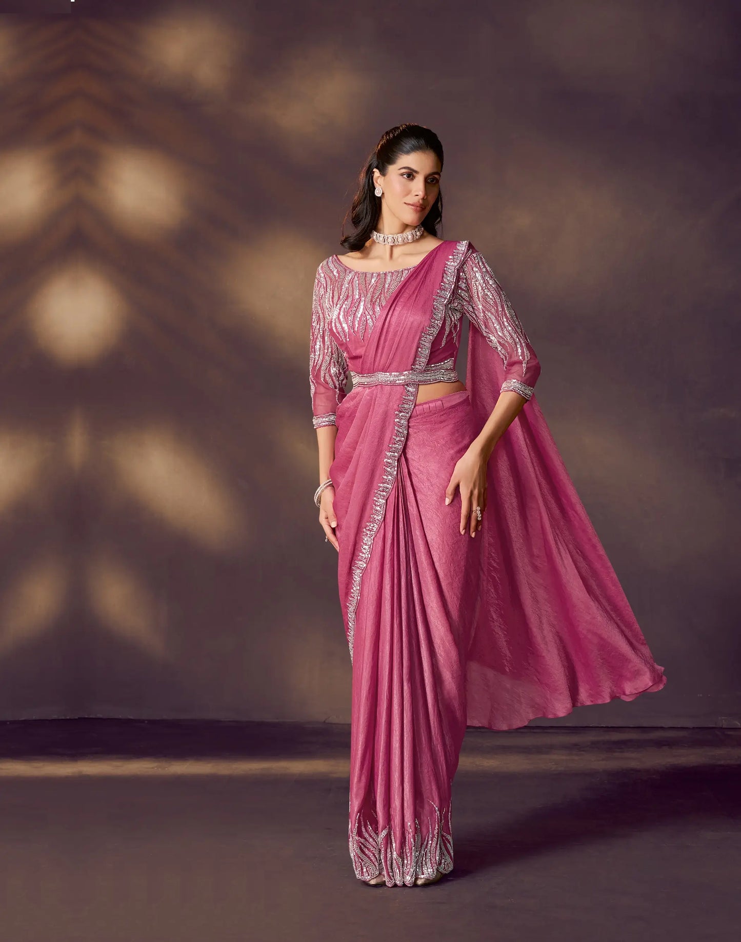 Tulip Pink One Minute Saree With Embroidery & Hand Work