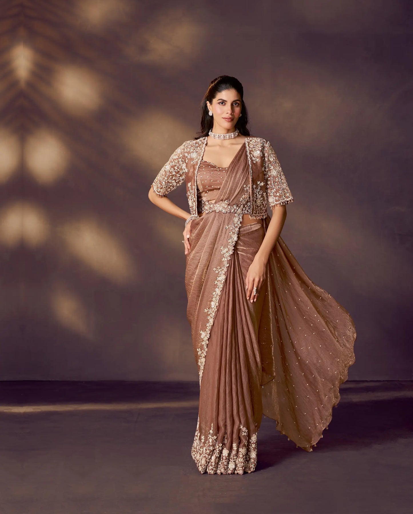 Cider Brown One Minute Saree With Embroidery & Hand Work