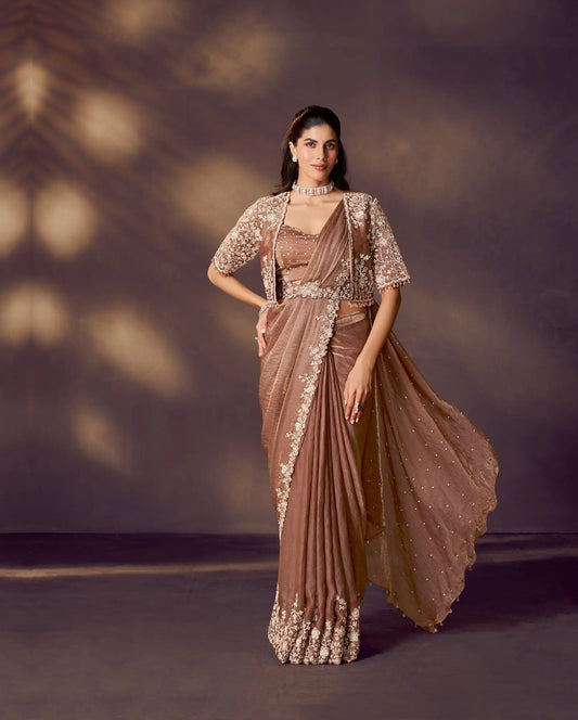 Cider Brown One Minute Saree With Embroidery & Hand Work