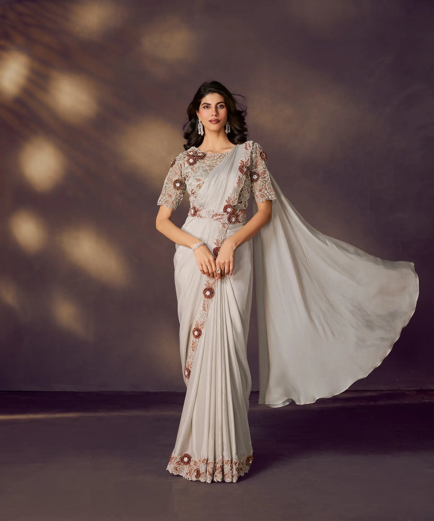 Off White One Minute Saree With Embroidery & Hand Work