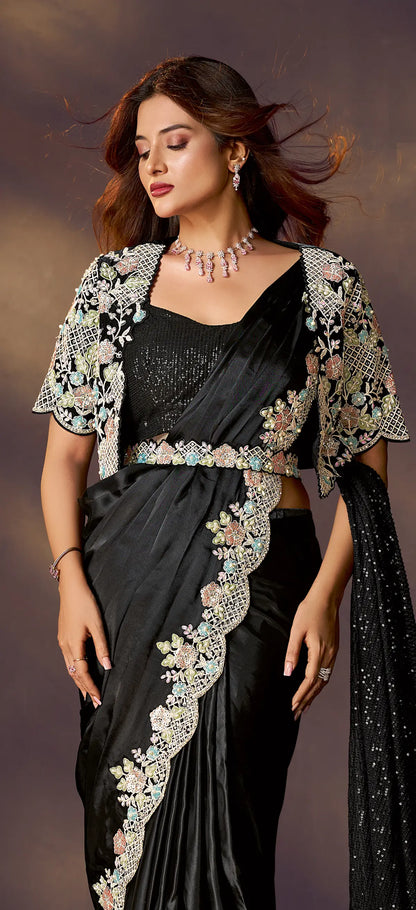 Rich Black One Minute Saree With Embroidery & Hand Work