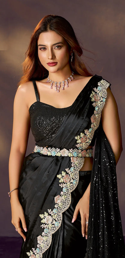 Rich Black One Minute Saree With Embroidery & Hand Work