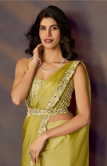 Lime Yellow One Minute Saree With Embroidery & Hand Work