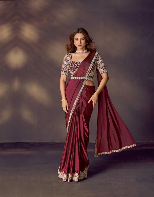 Wine Berry One Minute Saree With Embroidery & Hand Work