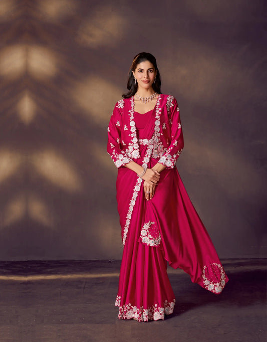 Rose Red One Minute Saree With Embroidery & Hand Work
