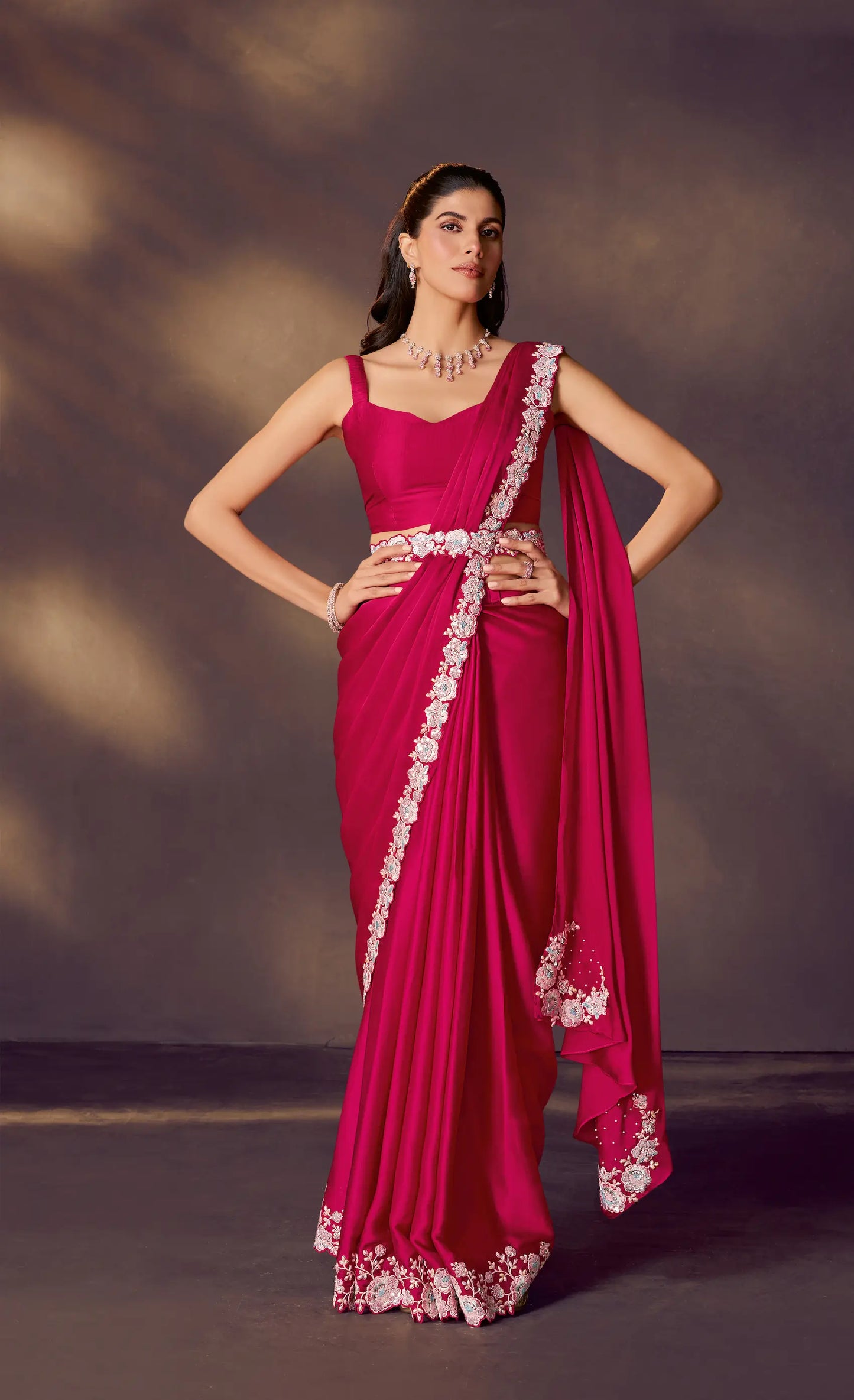 Rose Red One Minute Saree With Embroidery & Hand Work