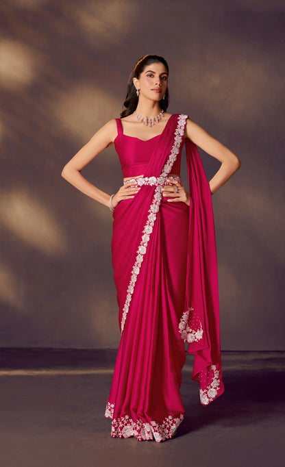 Rose Red One Minute Saree With Embroidery & Hand Work