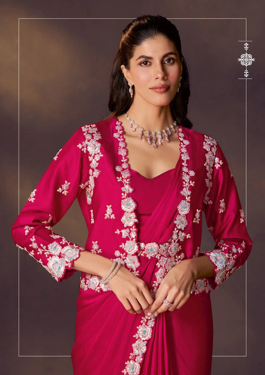 Rose Red One Minute Saree With Embroidery & Hand Work