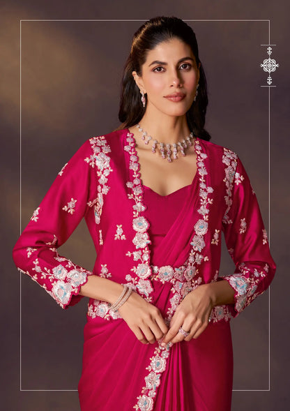 Rose Red One Minute Saree With Embroidery & Hand Work