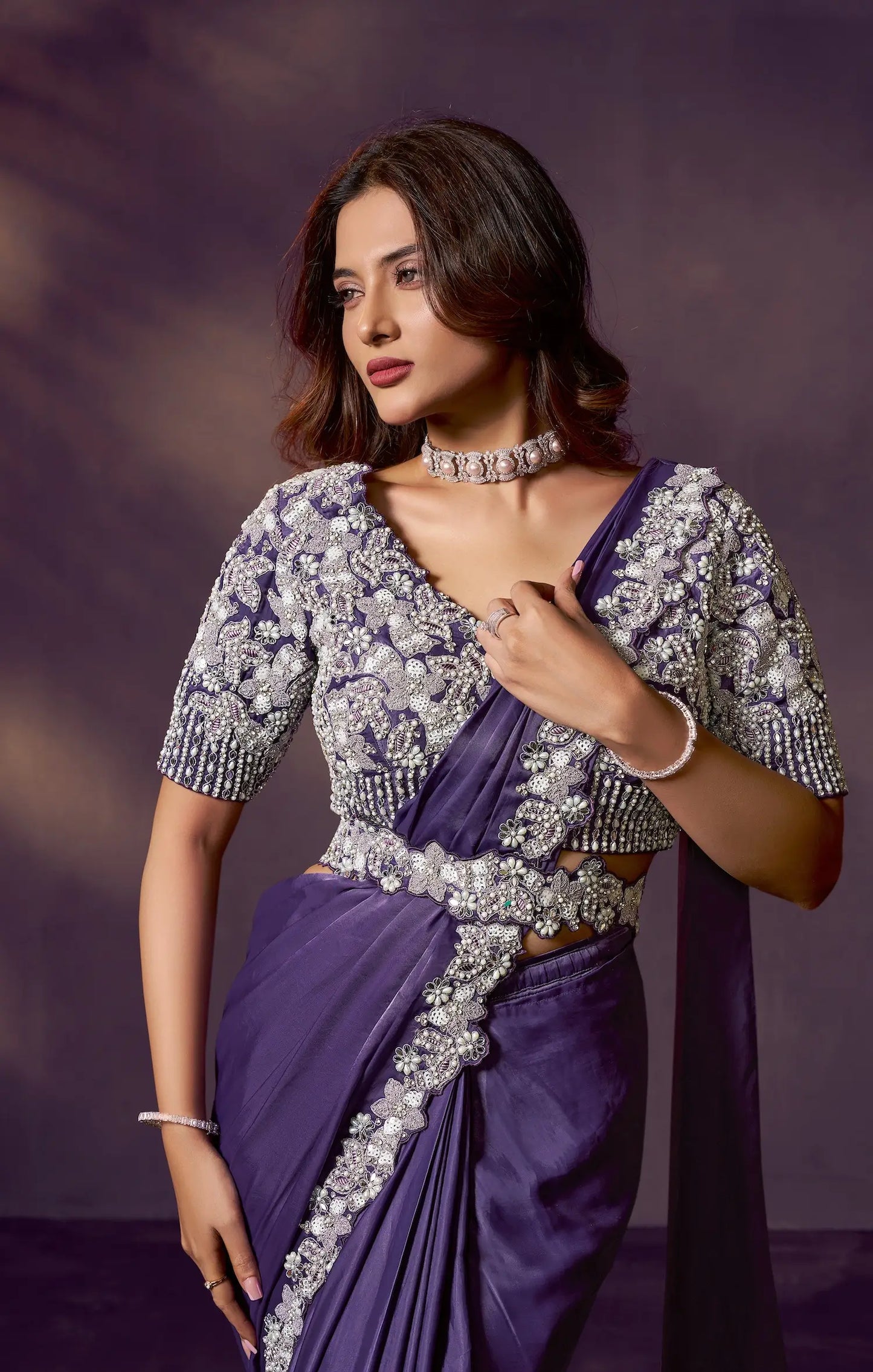 Plum Purple One Minute Saree With Embroidery & Hand Work
