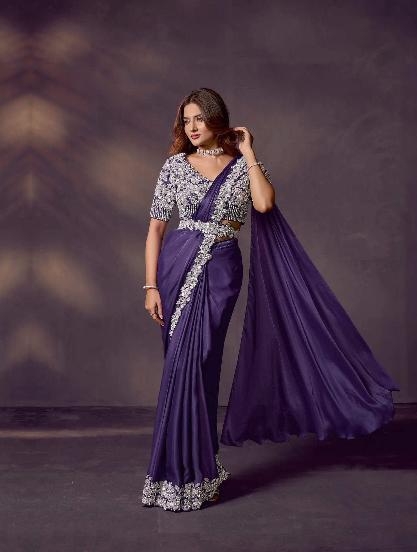 Plum Purple One Minute Saree With Embroidery & Hand Work