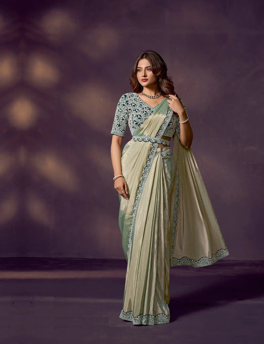 Golden Olive One Minute Saree With Embroidery & Hand Work