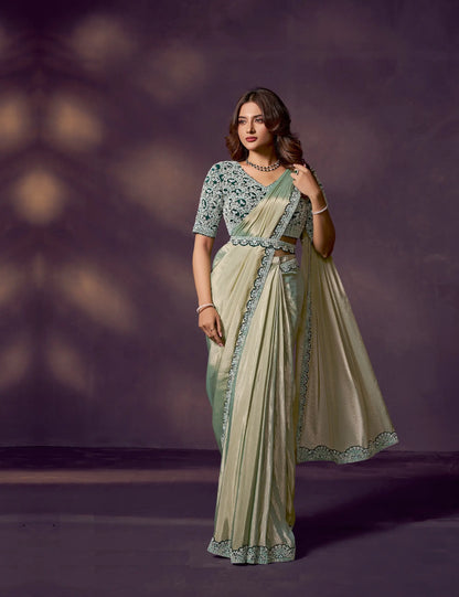 Golden Olive One Minute Saree With Embroidery & Hand Work