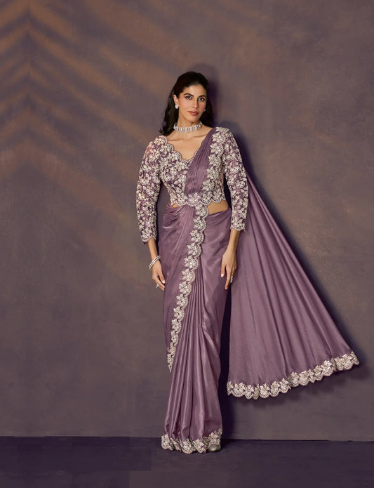 Dark Mauve One Minute Saree With Embroidery & Hand Work