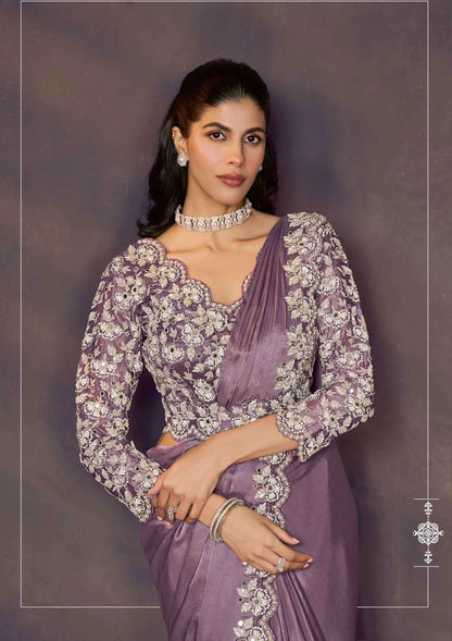 Dark Mauve One Minute Saree With Embroidery & Hand Work