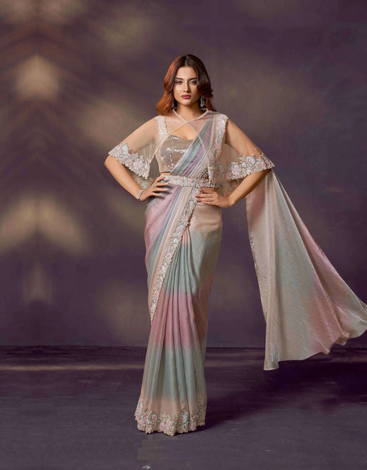 Multicolor One Minute Saree With Embroidery & Hand Work