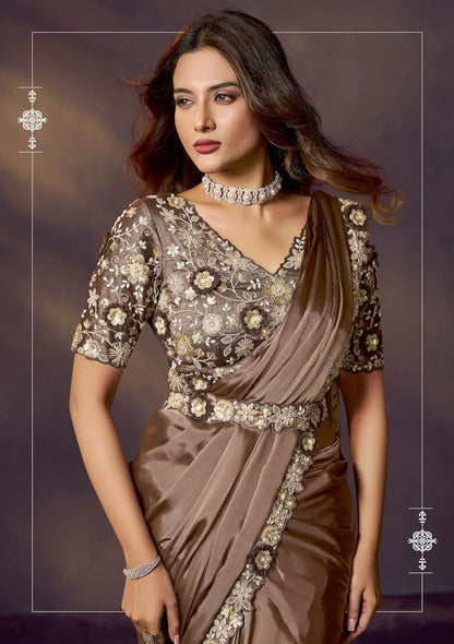 Tobacco Brown One Minute Saree With Embroidery & Hand Work