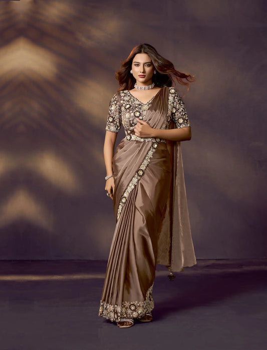 Tobacco Brown One Minute Saree With Embroidery & Hand Work
