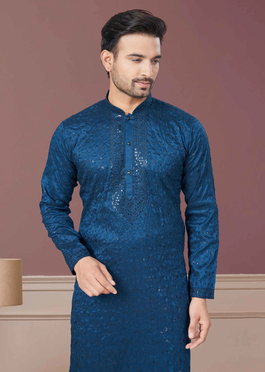 Blue Sequins Embroidery Kurta Pajama Set