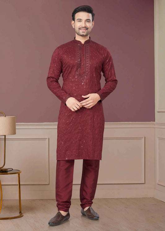 Maroon Sequins Embroidery Kurta Pajama Set