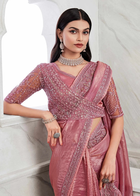 Pink Sim-Sim Silk Saree With Embroidery Work Blouse