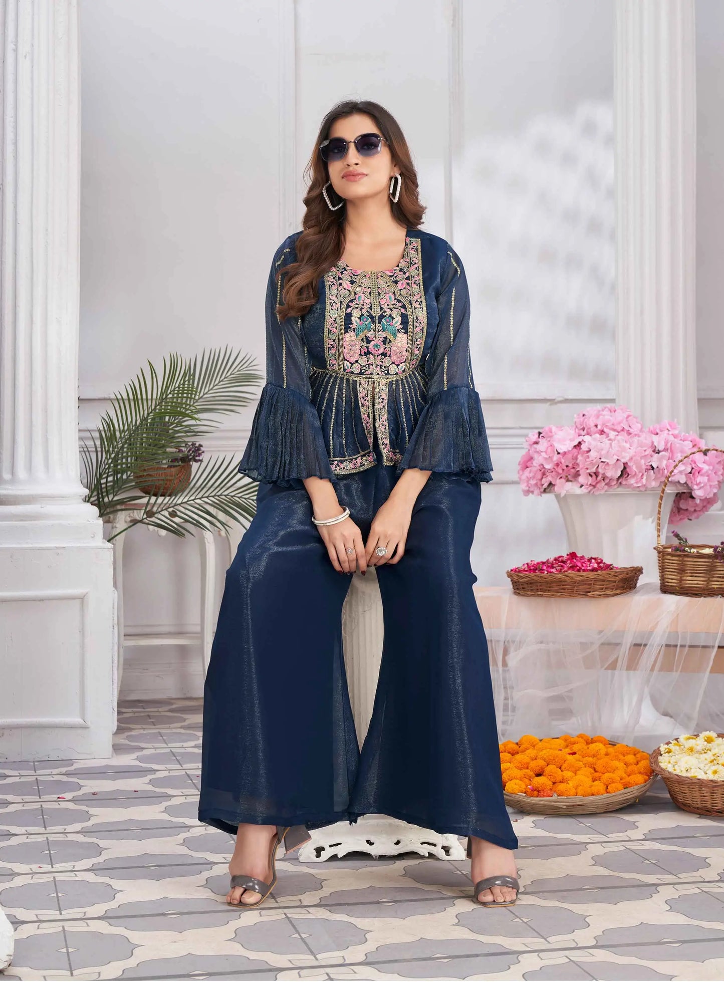 Blue Designer Embroidery Hand Work  Fancy Top & Sharara