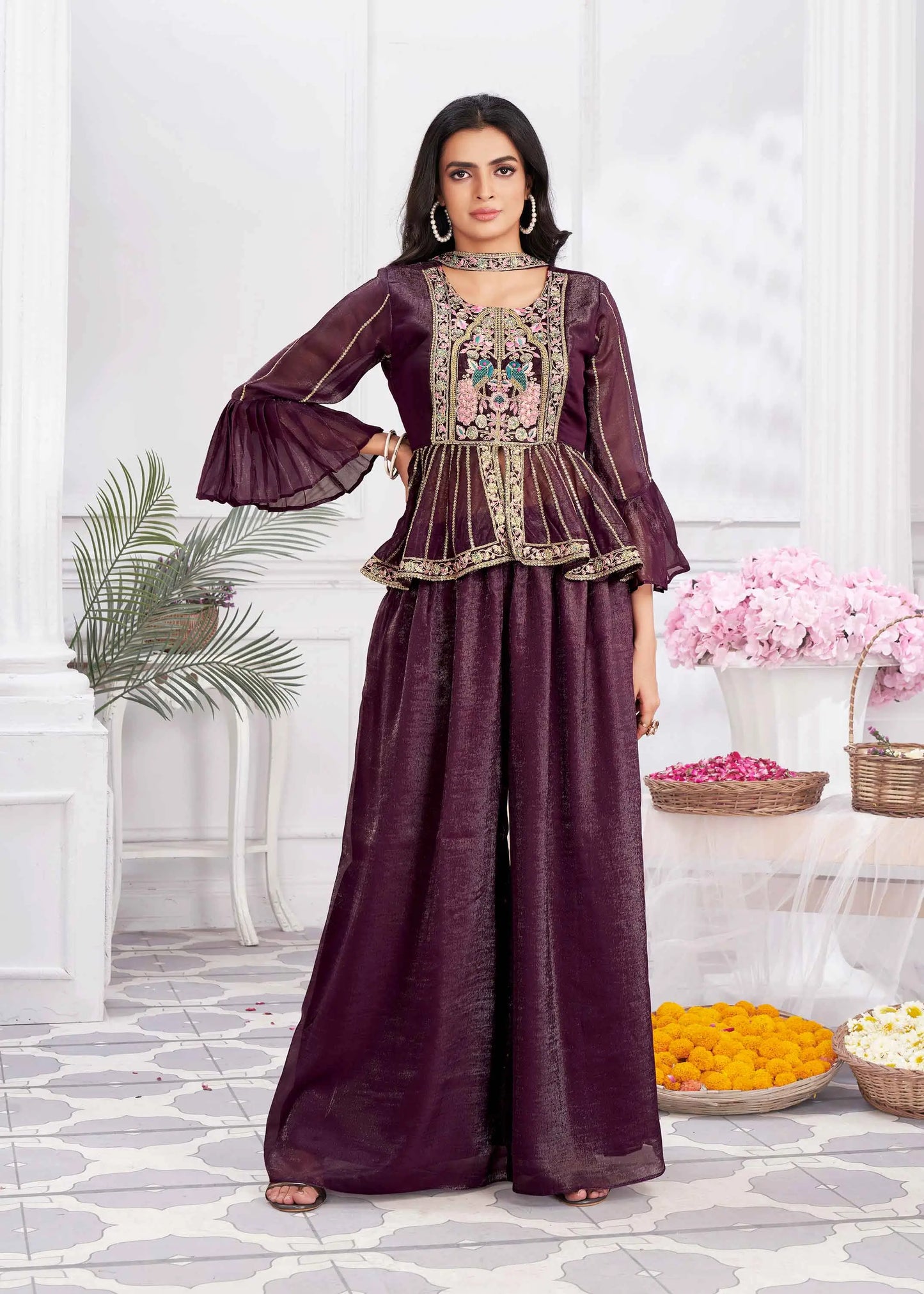 Wine Designer Embroidery Hand Work  Fancy Top & Sharara