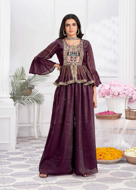 Wine Designer Embroidery Hand Work  Fancy Top & Sharara