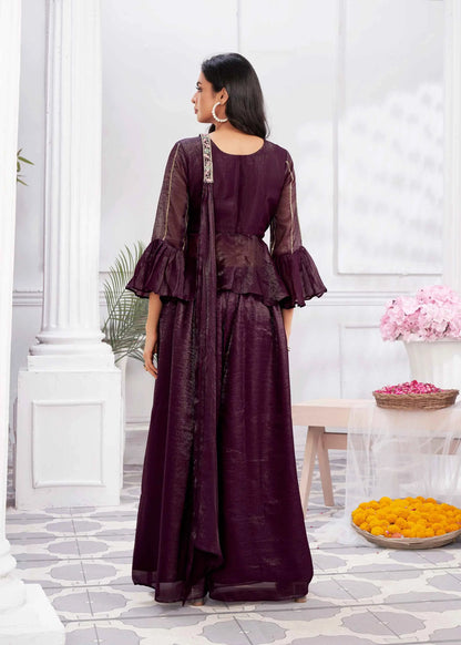 Wine Designer Embroidery Hand Work  Fancy Top & Sharara