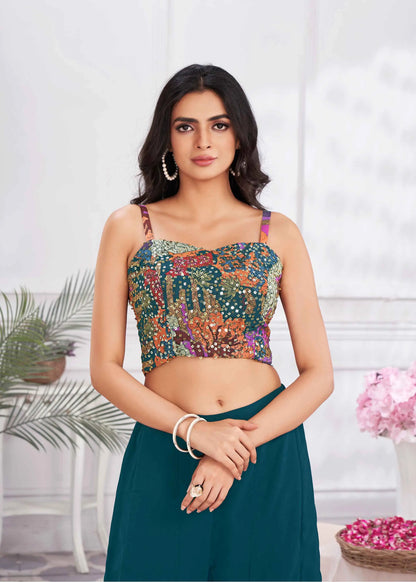 Teal Blue Sequins Embroidery Work Indo Western With Shrug