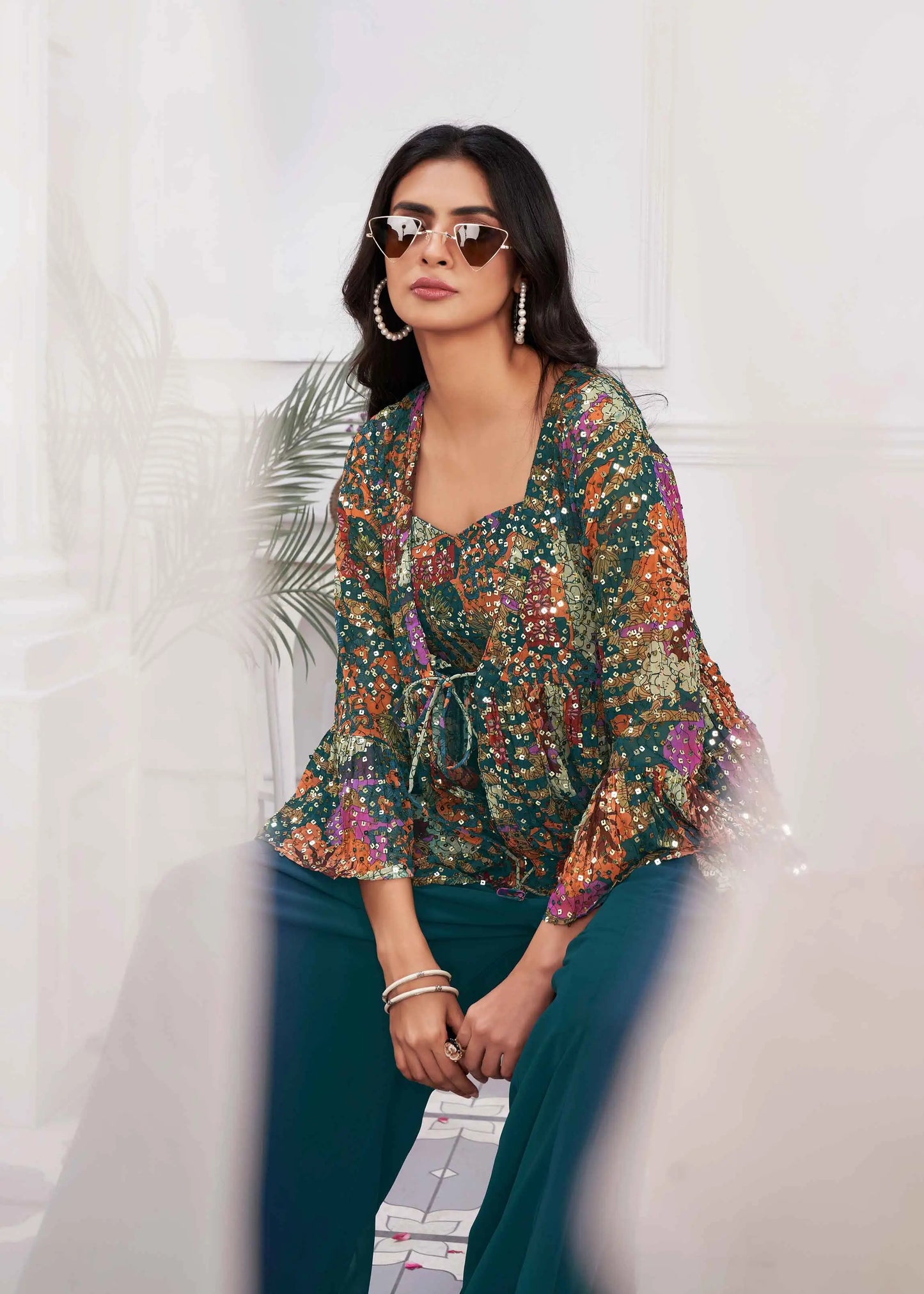 Teal Blue Sequins Embroidery Work Indo Western With Shrug