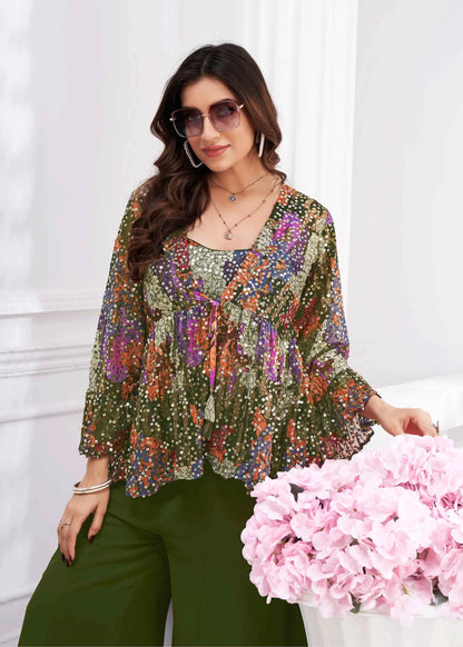 Olive Green Sequins Embroidery Work Indo Western With Shrug
