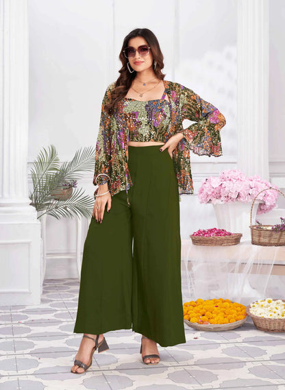 Olive Green Sequins Embroidery Work Indo Western With Shrug