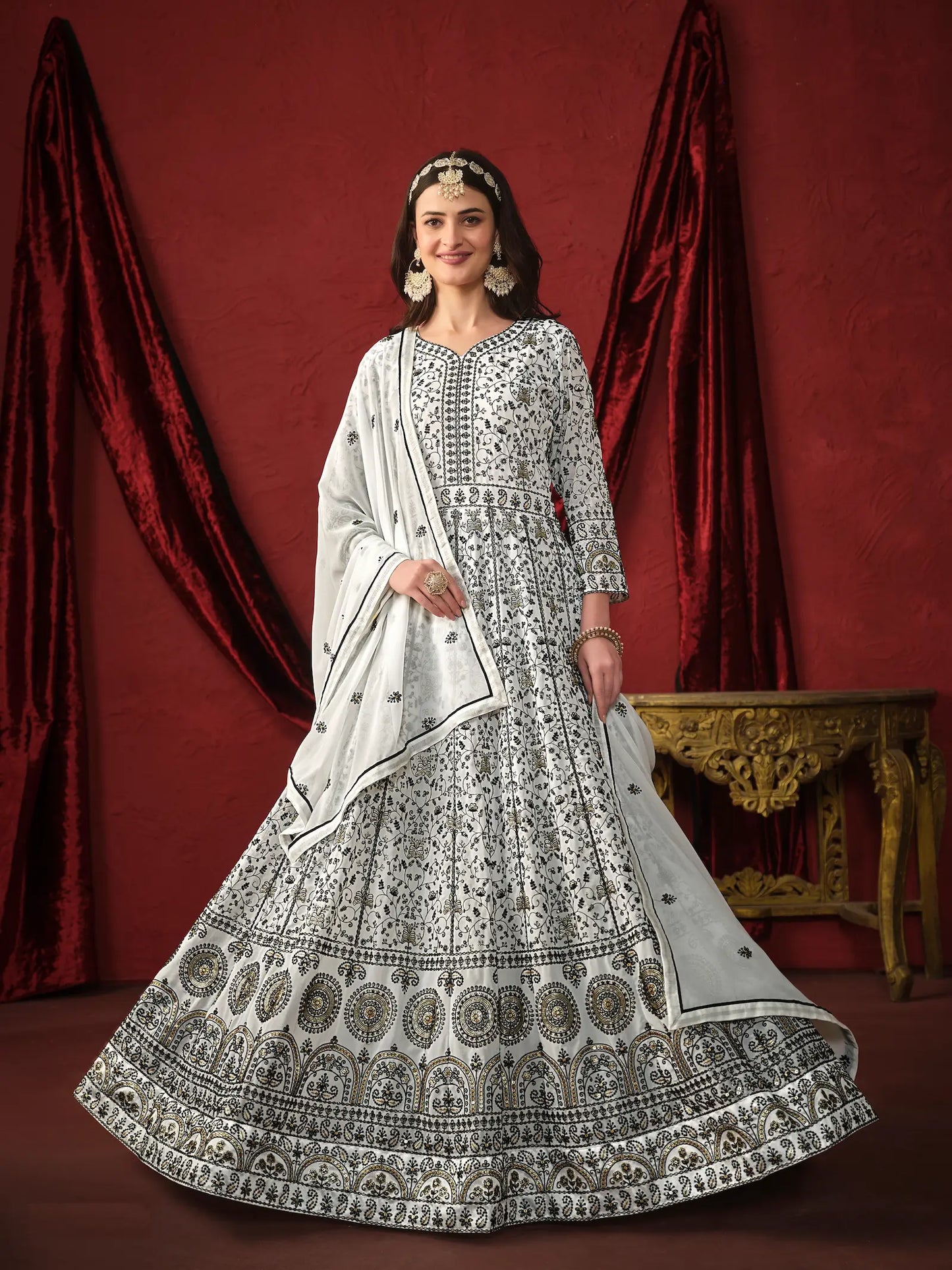 White Georgette Thread & Sequence Embroidery Work Gown