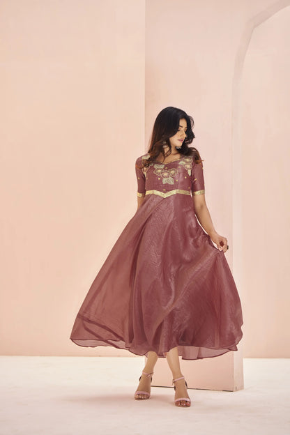 Coral Red Organza Kurta With Handwork