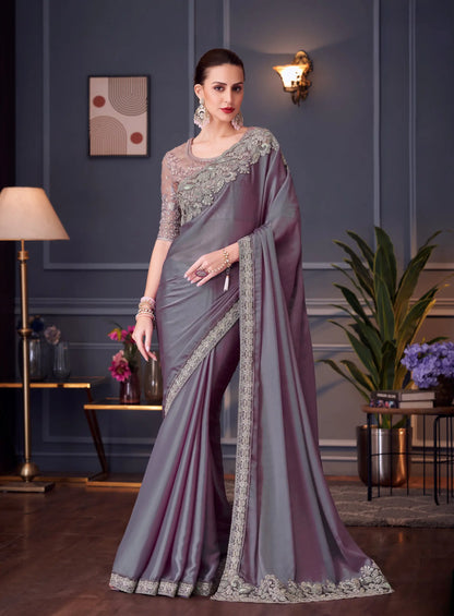 Dusty Lavender Chiffon Silk Party Wear Saree With Thread & Sequins Embroidery Work