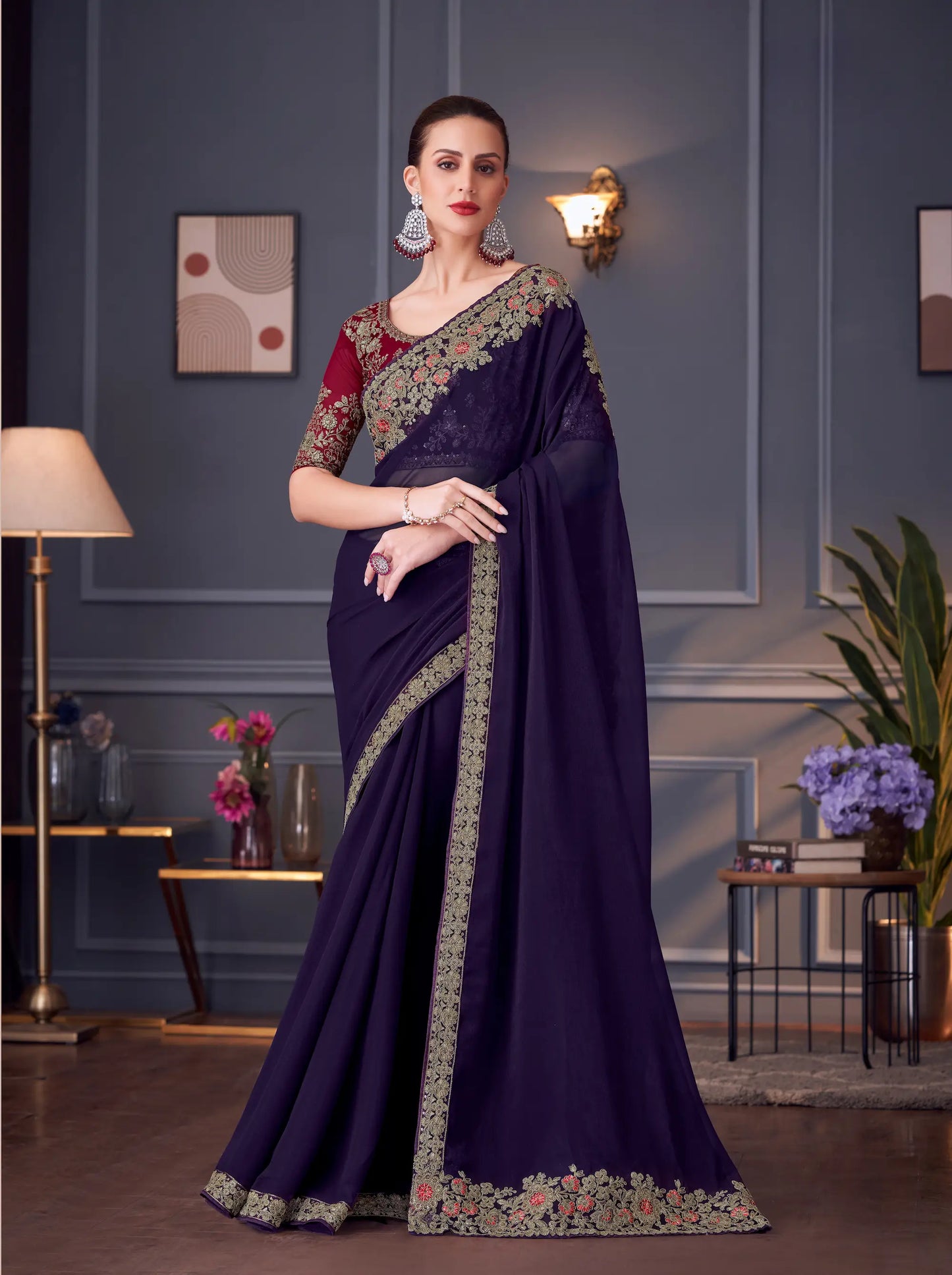 Dark Purple Georgette Silk Party Wear Saree With Thread & Sequins Embroidery Work