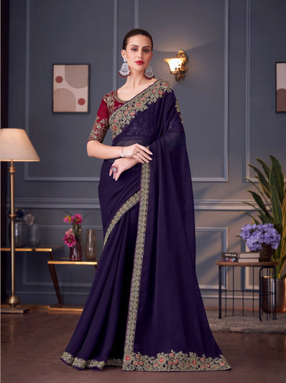 Dark Purple Georgette Silk Party Wear Saree With Thread & Sequins Embroidery Work
