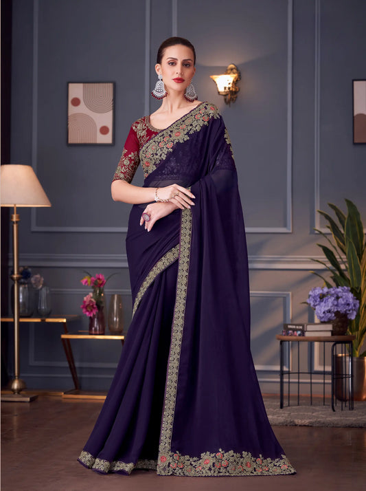 Dark Purple Georgette Silk Party Wear Saree With Thread & Sequins Embroidery Work