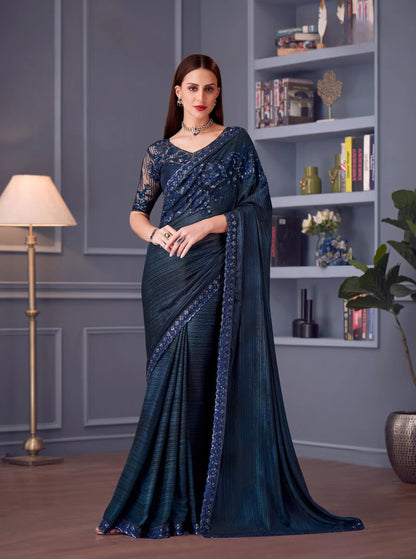 Navy Blue Glitter Silk Party Wear Saree With Thread & Sequins Embroidery Work