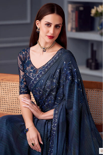 Navy Blue Glitter Silk Party Wear Saree With Thread & Sequins Embroidery Work
