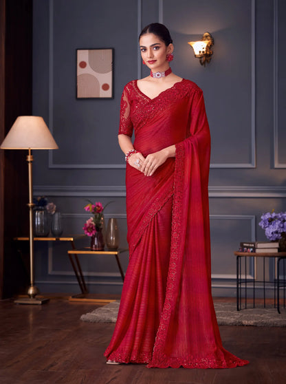 Red Glitter Silk Party Wear Saree With Thread & Sequins Embroidery Work