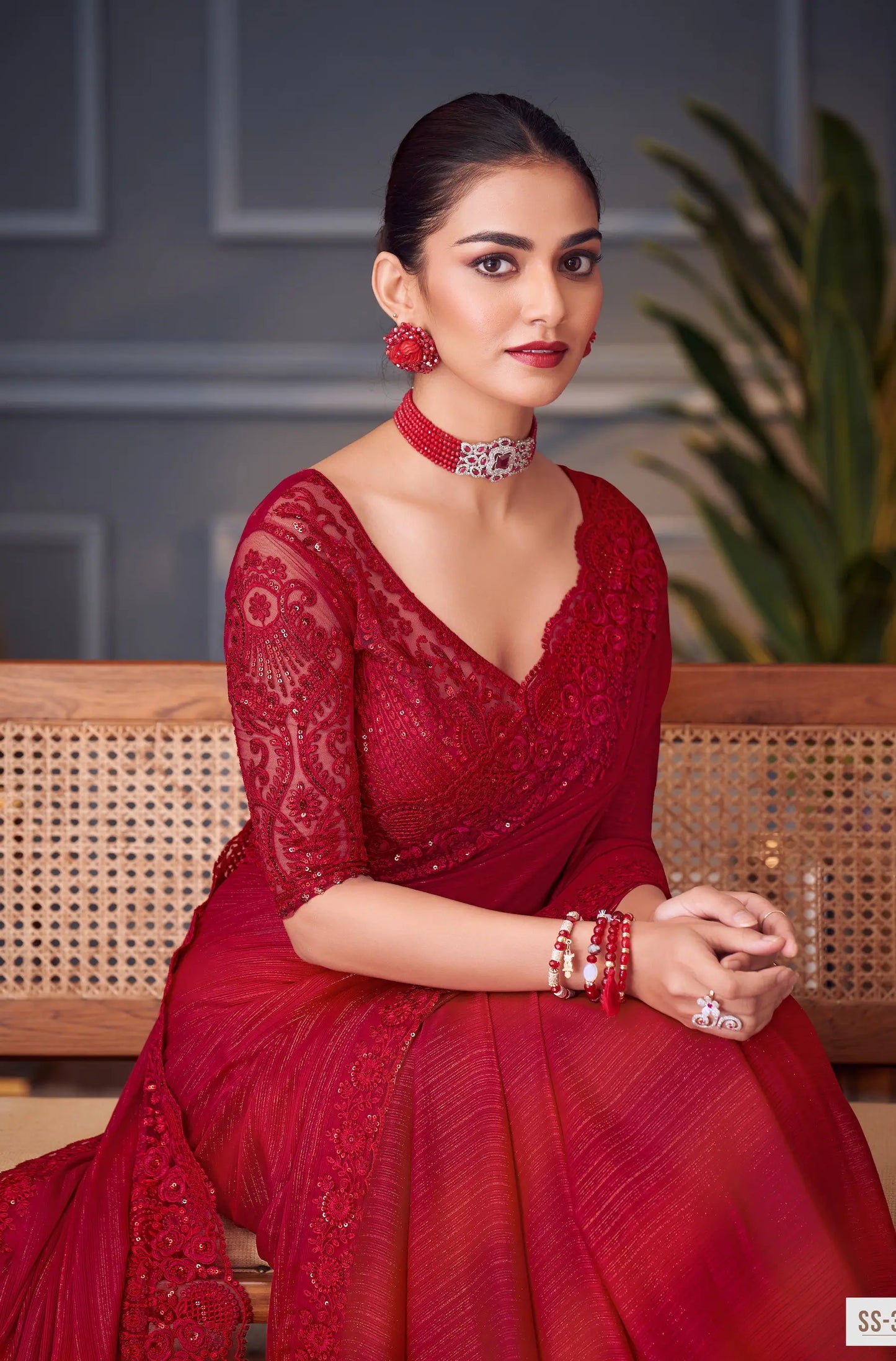 Red Glitter Silk Party Wear Saree With Thread & Sequins Embroidery Work