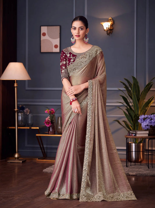 Golden Shaded Glass Silk Party Wear Saree With Thread & Sequins Embroidery Work